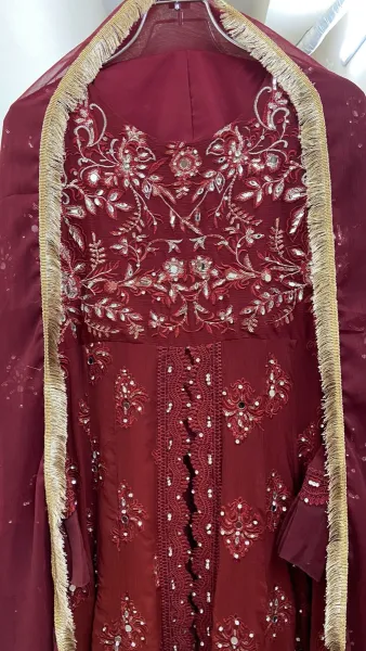 Pakistani Original Mona Embroidery Chiffon Stitched Gown 3 Pcs _ Maroon 